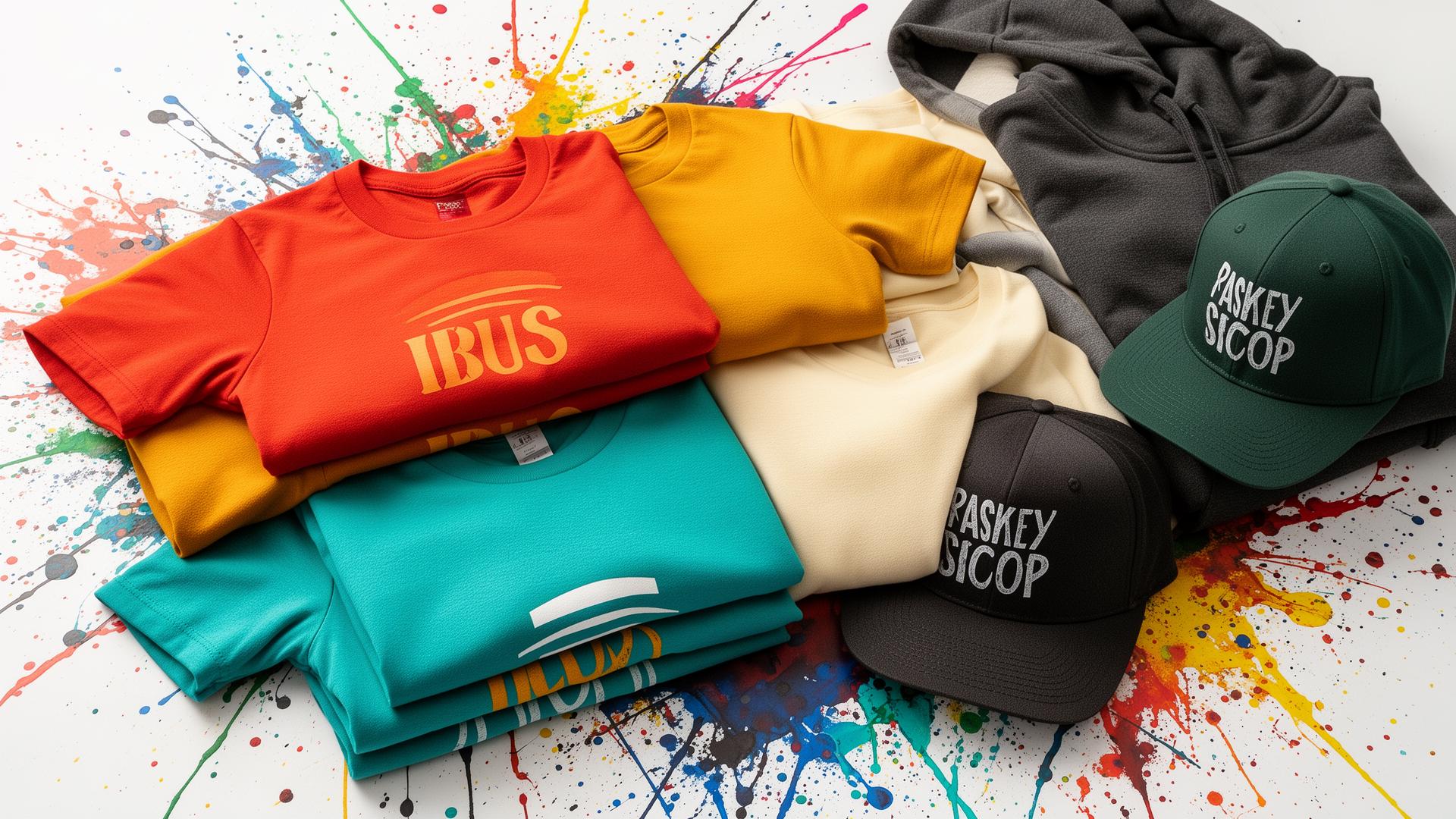 Stack of freshly screen-printed t-shirts and hats in bright colors